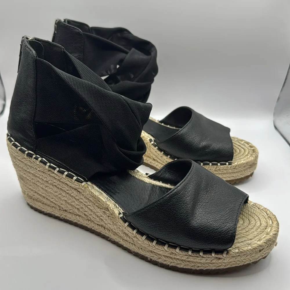 NWOB Eileen Fisher Wiley Black Leather Espadrille Wedge Sandals Size 7